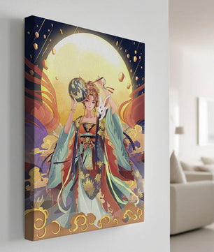 Elegant fantasy illustration with celestial elements and rabbit