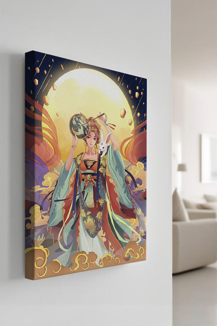 Elegant fantasy illustration with celestial elements and rabbit