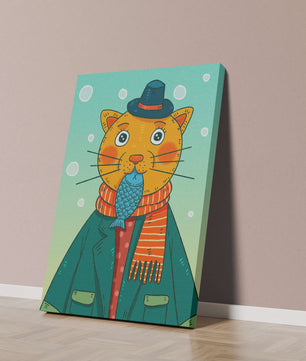 Gato caprichoso vestido con atuendo invernal colorido