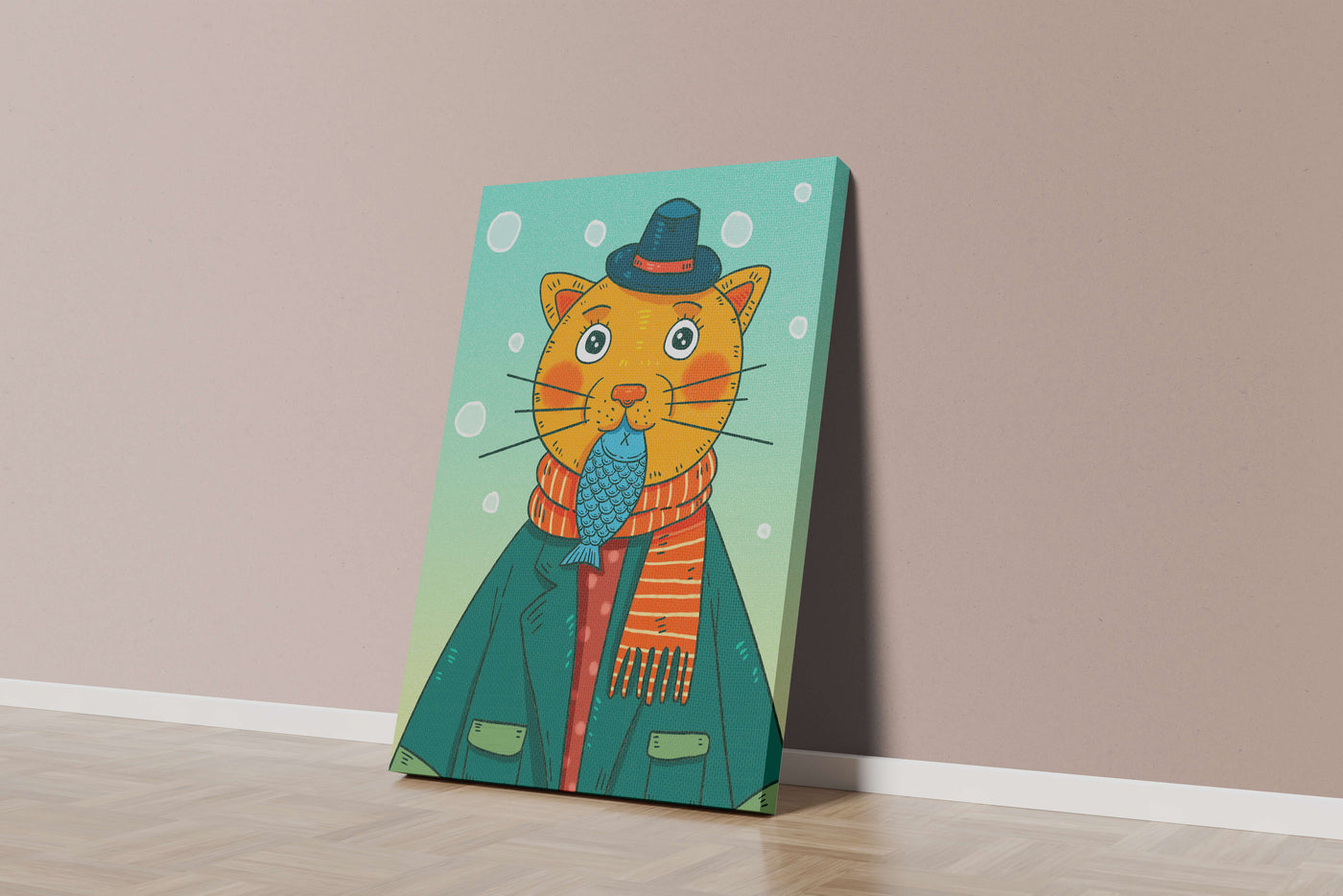 Whimsical cat dressed in colorful winter attire