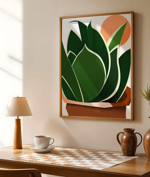 Ilustración contemporánea de una planta serpiente con fondo de amanecer
