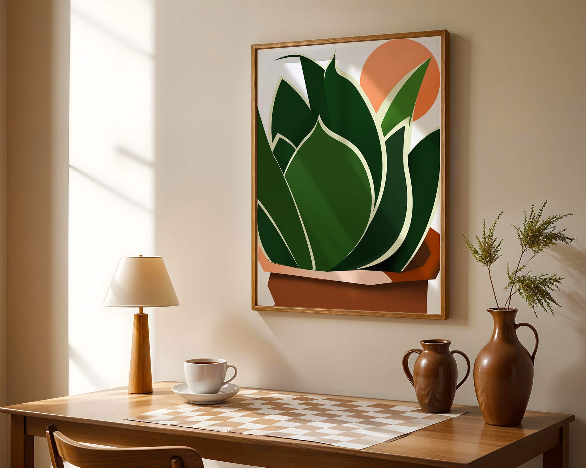 Ilustración contemporánea de una planta serpiente con fondo de amanecer