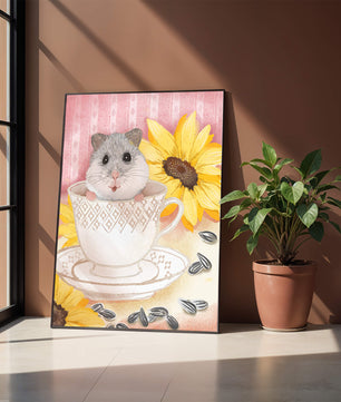 Hámster adorable en una taza de té con girasoles y semillas