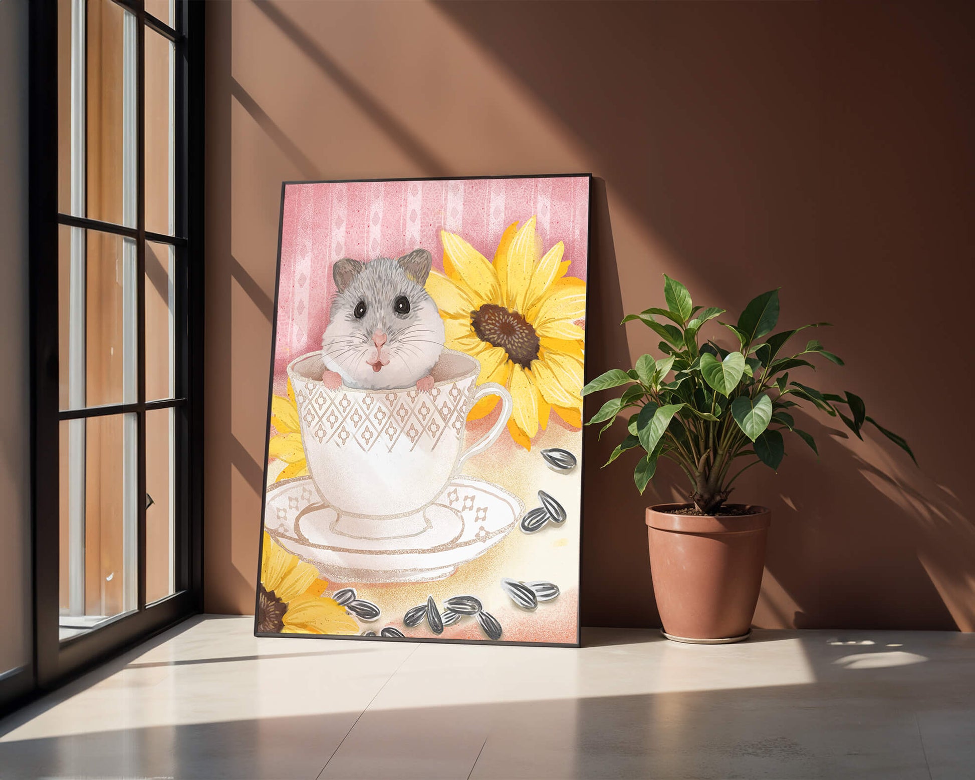 Adorable hamster in teacup with sunflowers and seeds