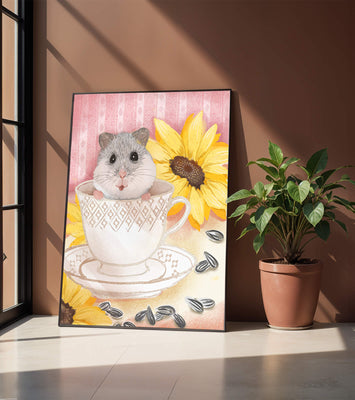 Adorable hamster in teacup with sunflowers and seeds