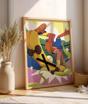 Ilustración abstracta colorida con un skater en movimiento dinámico