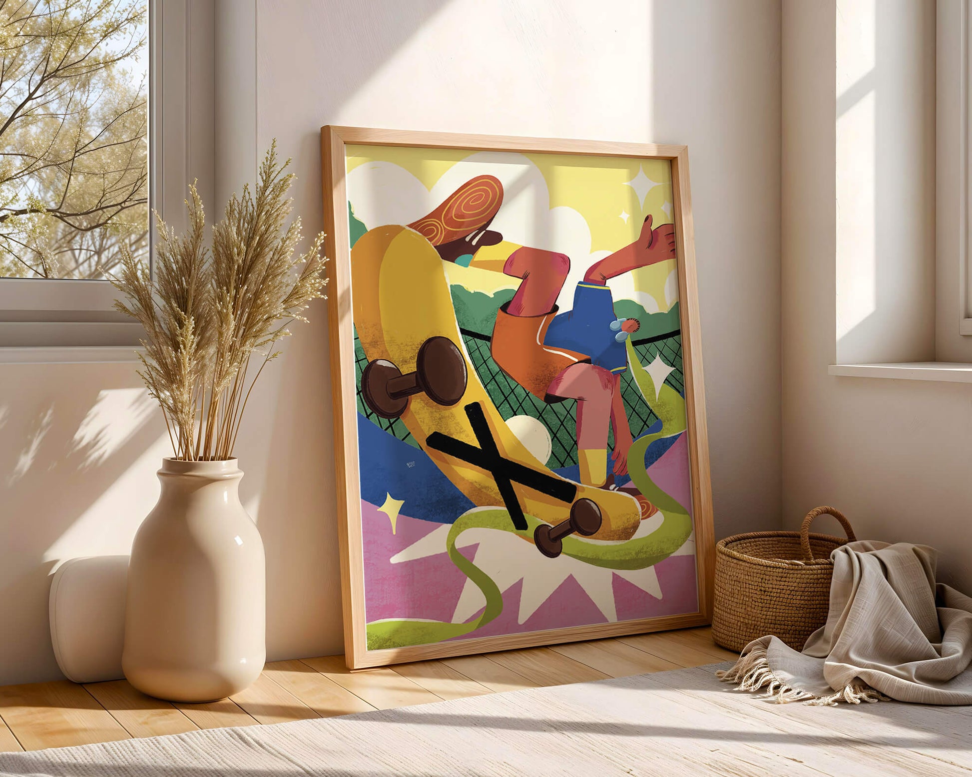 Ilustración abstracta colorida con un skater en movimiento dinámico