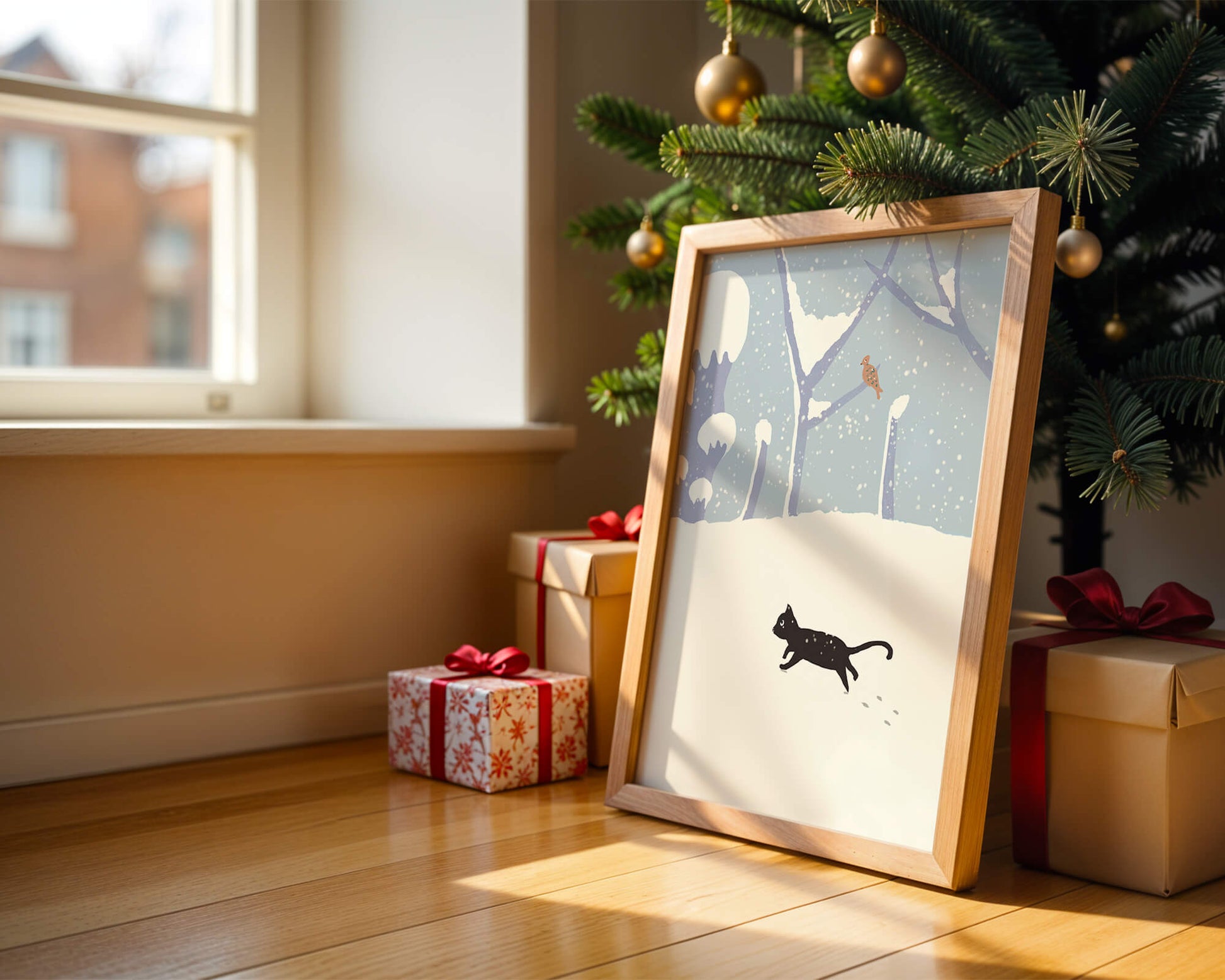 Illustrated snowy landscape with playful black cat and bird in winter scenery