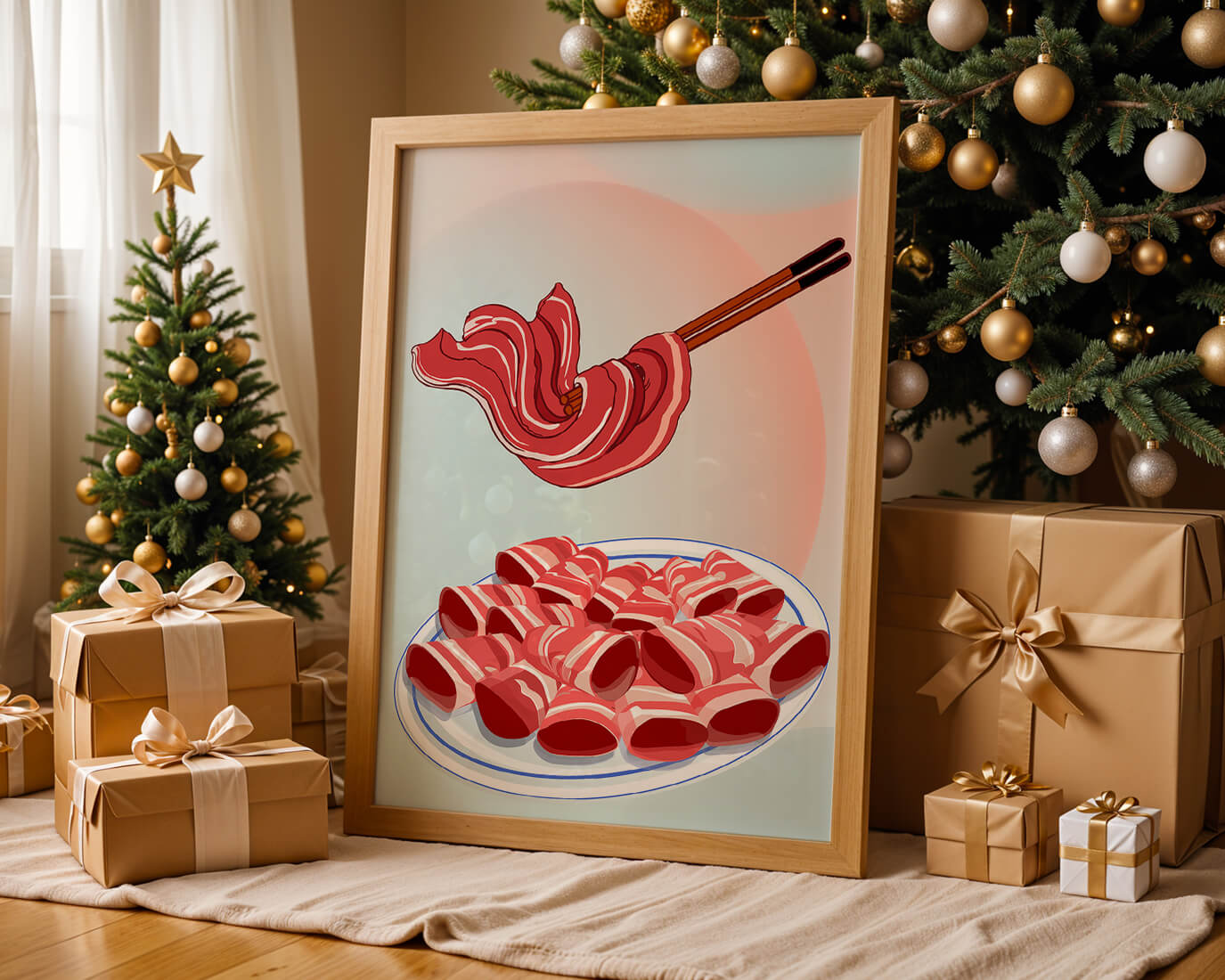 Delicious raw meat slices on plate with chopsticks in background
