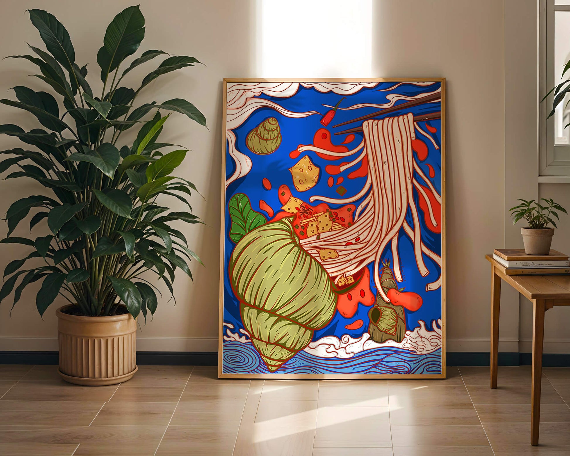 Ilustración intrincada de fideos con colores vibrantes y elementos detallados