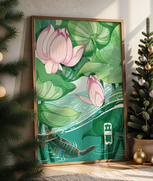 Illustration nature sereine avec fleurs de lotus et vie aquatique