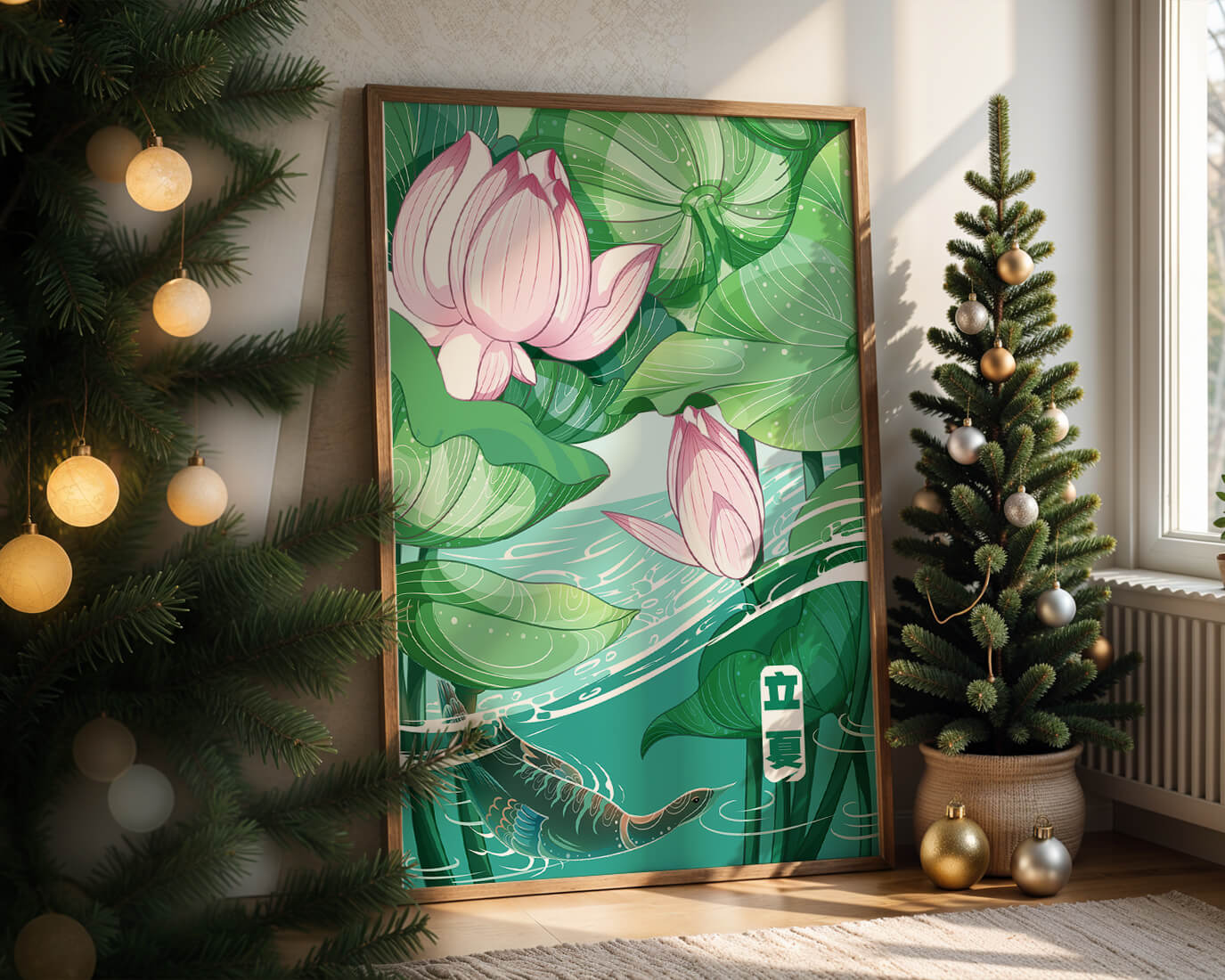 Ilustración de la naturaleza serena con flores de loto y vida acuática