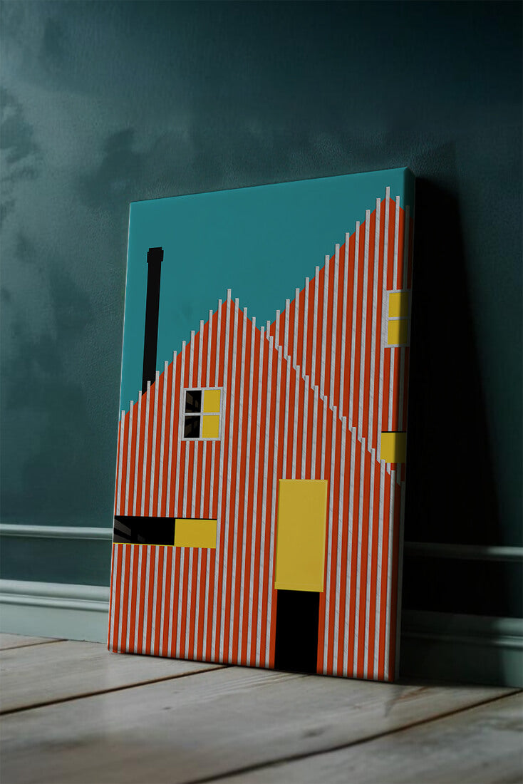 Arquitectura geométrica abstracta con rayas llamativas y acentos coloridos.