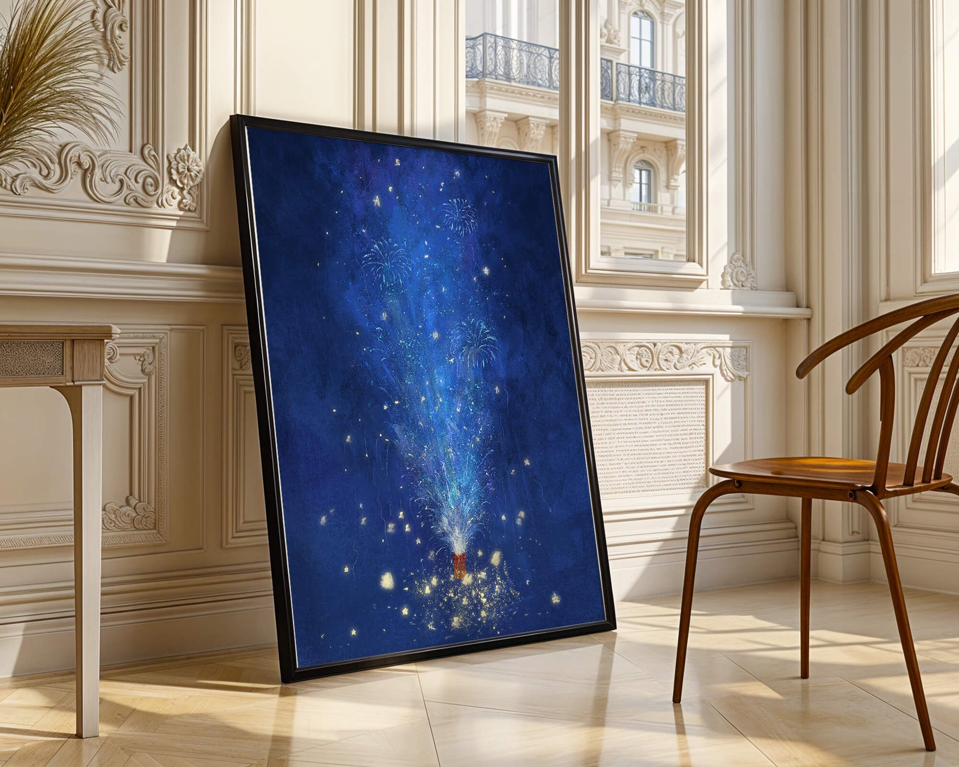 Feu d'artifice bleu dans la nuit avec étincelles dorées