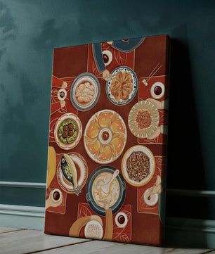 Colorful Chinese cuisine on a dining table with traditional dishes