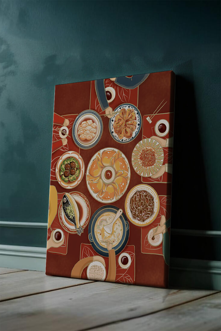 Colorful Chinese cuisine on a dining table with traditional dishes