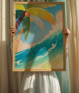 Escena vibrante de playa tropical con palmera y ola del océano
