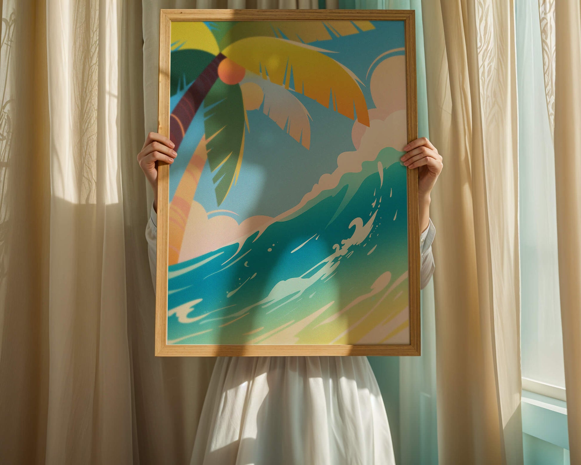 Escena vibrante de playa tropical con palmera y ola del océano