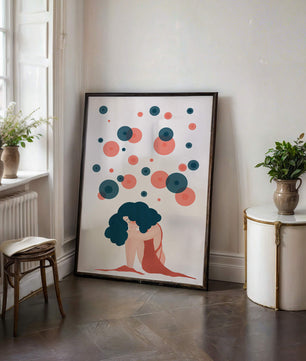 Abstract Illustration of a Woman with Curly Blue Hair Surrounded by Colorful Circles - Mi tienda