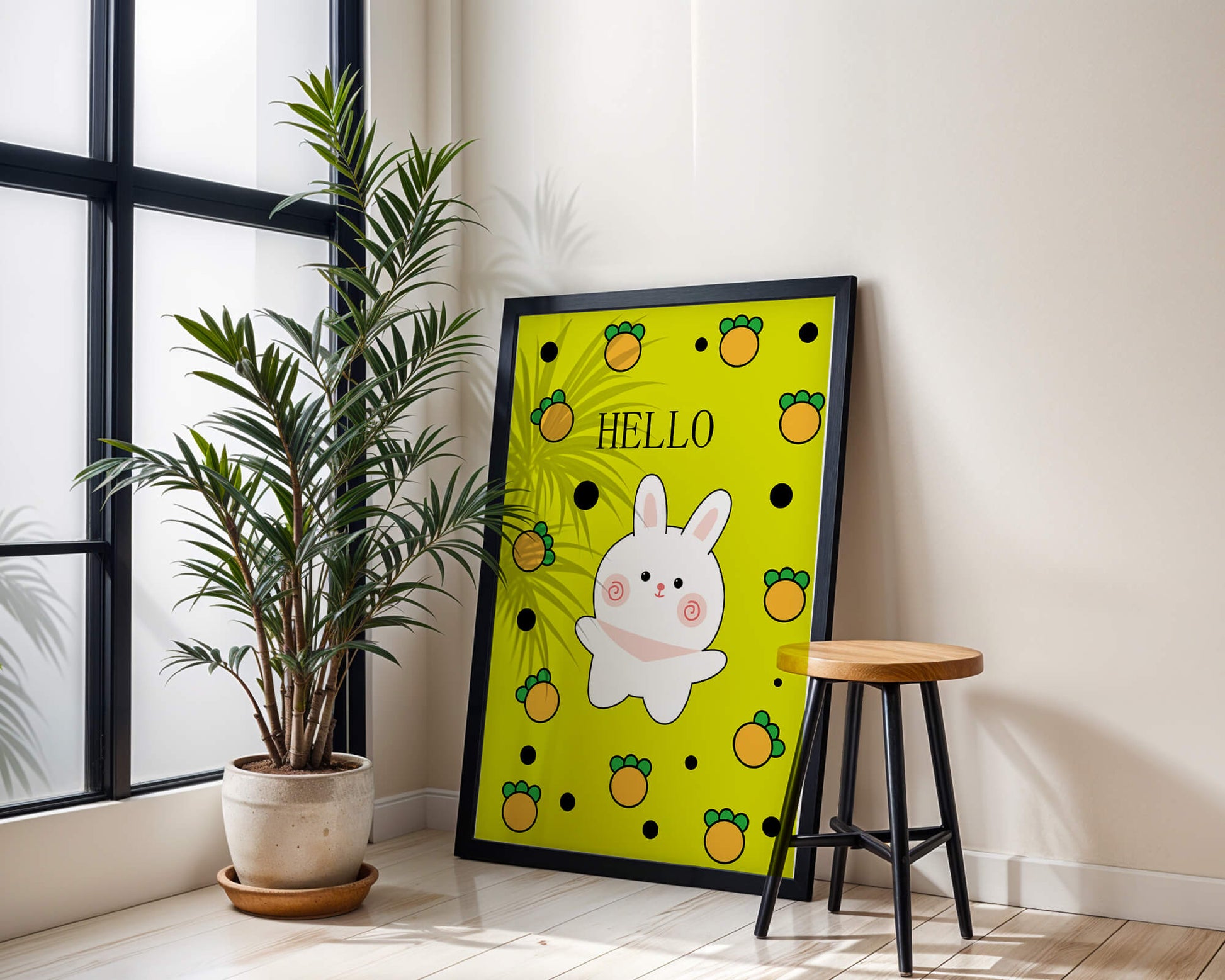 Charming rabbit cartoon illustration on yellow background with orange elements