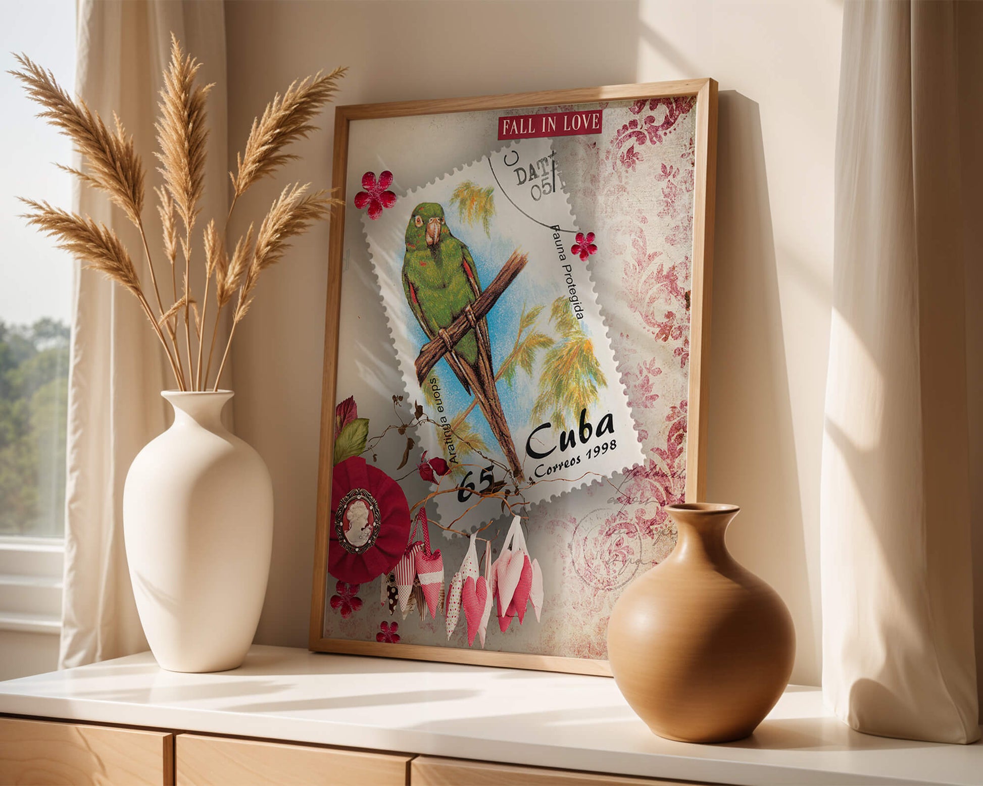 Vintage Cuban parrot stamp with romantic decorations