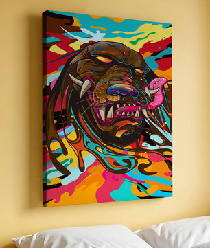 Cabeza de león abstracta y colorida con remolinos vibrantes