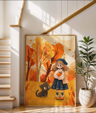 Girl with Cute Cat in Autumn Forest with Colorful Leaves