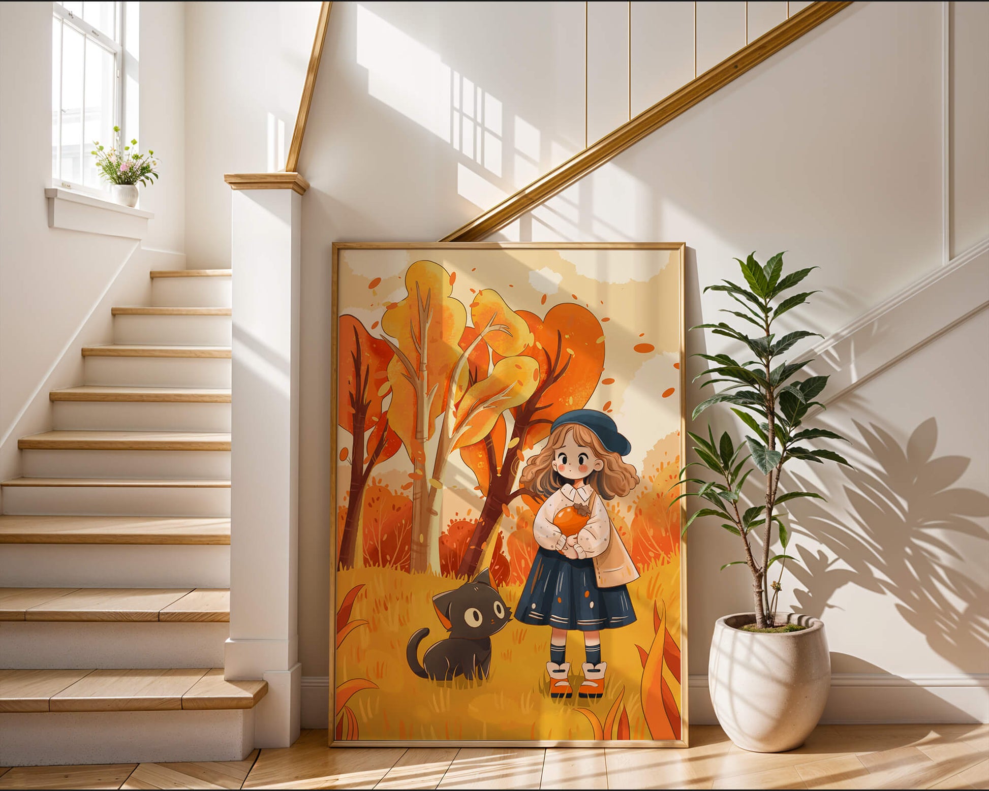 Girl with Cute Cat in Autumn Forest with Colorful Leaves