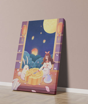 Moonlit Night with Lanterns and Tea Ceremony Featuring Rabbits and Mooncakes