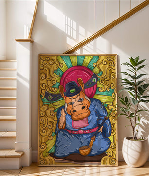 Ilustración colorida de un personaje animal caprichoso con alrededores ornamentados
