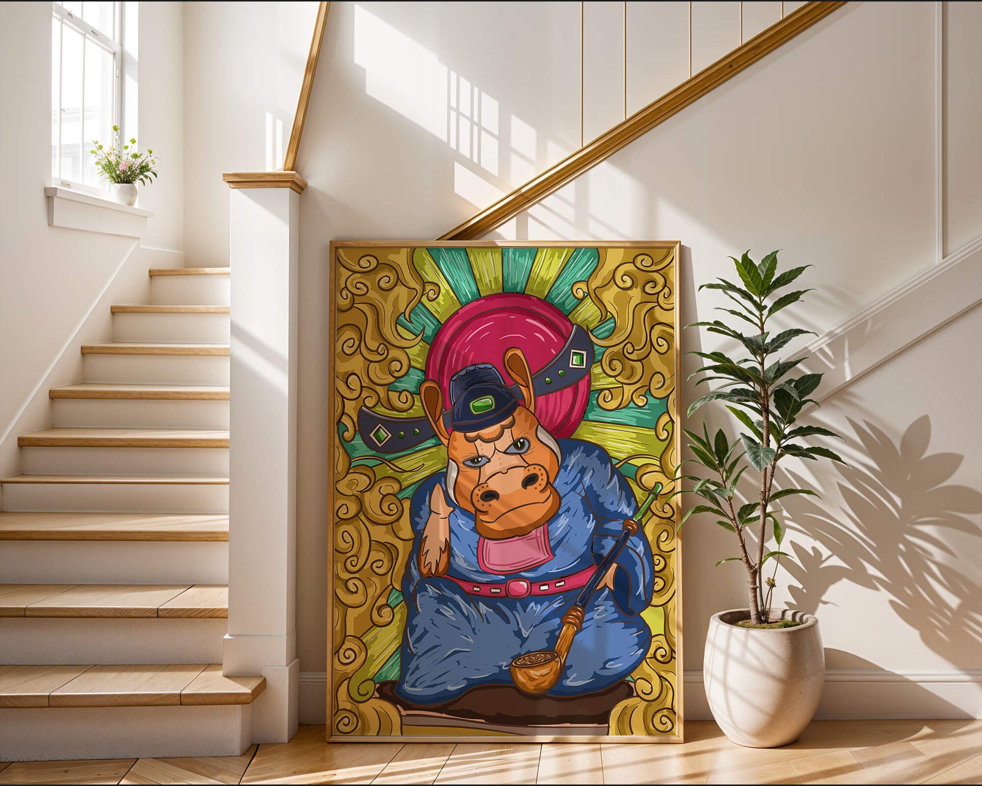 Traducción al español: Ilustración colorida de un personaje animal caprichoso con decoraciones ornamentadas a su alrededor.