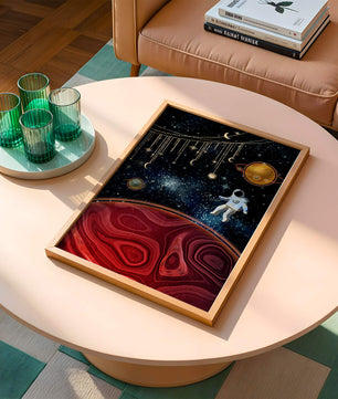 Escena espacial surrealista con astronauta y elementos celestiales
