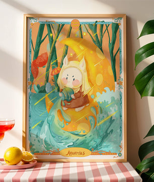 Aquarius zodiac illustration with whimsical character and vibrant colors