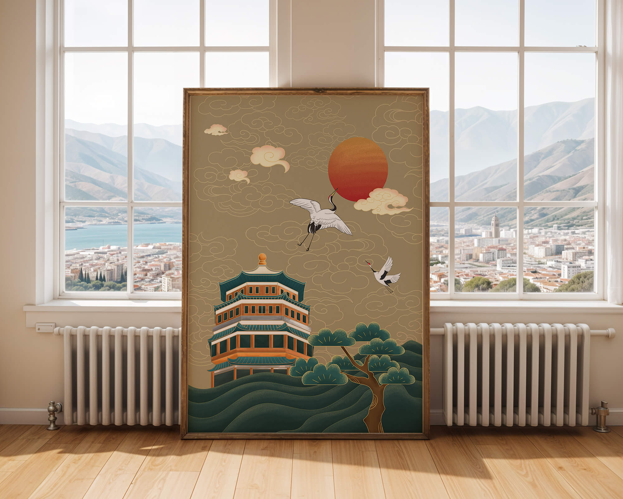 Traditional Asian artwork with cranes and pagoda under a red sun