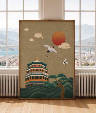 Traditional Asian artwork with cranes and pagoda under a red sun