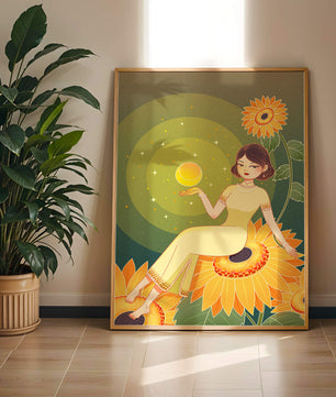 Elegant woman sitting on sunflowers in a celestial scene