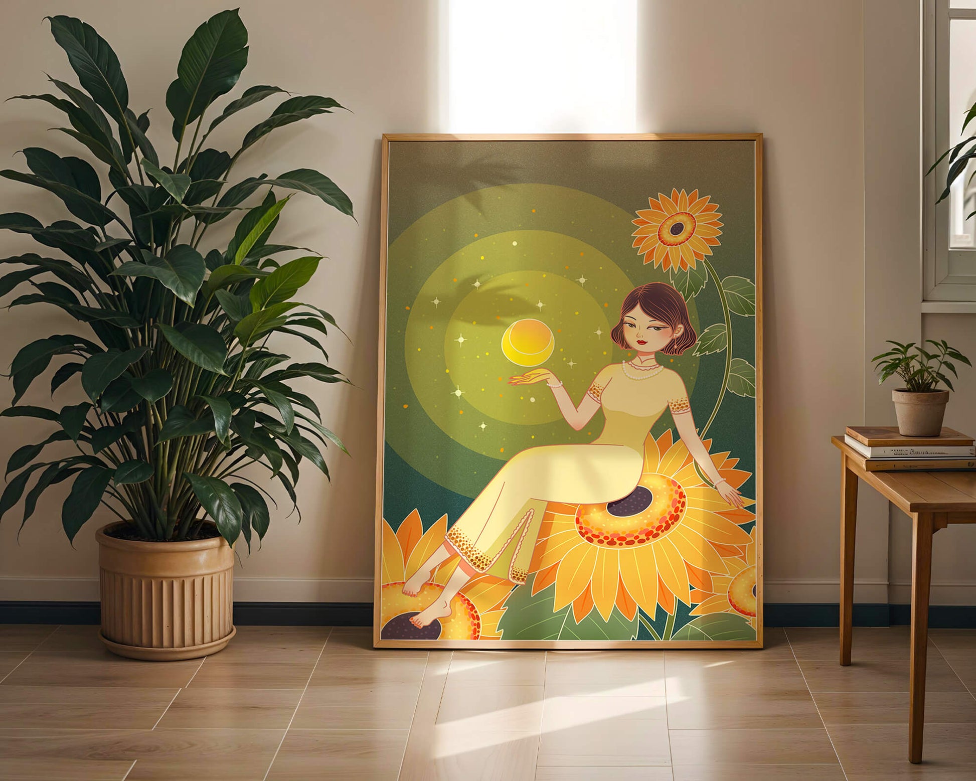 Elegant woman sitting on sunflowers in a celestial scene