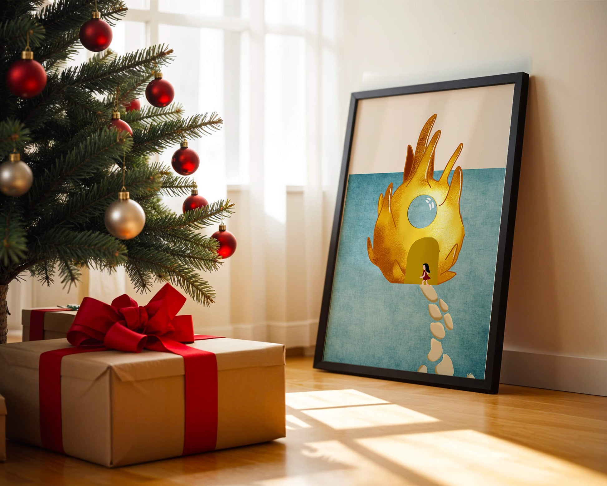 Enchanted House With Golden Flame Shape On Light Blue Background