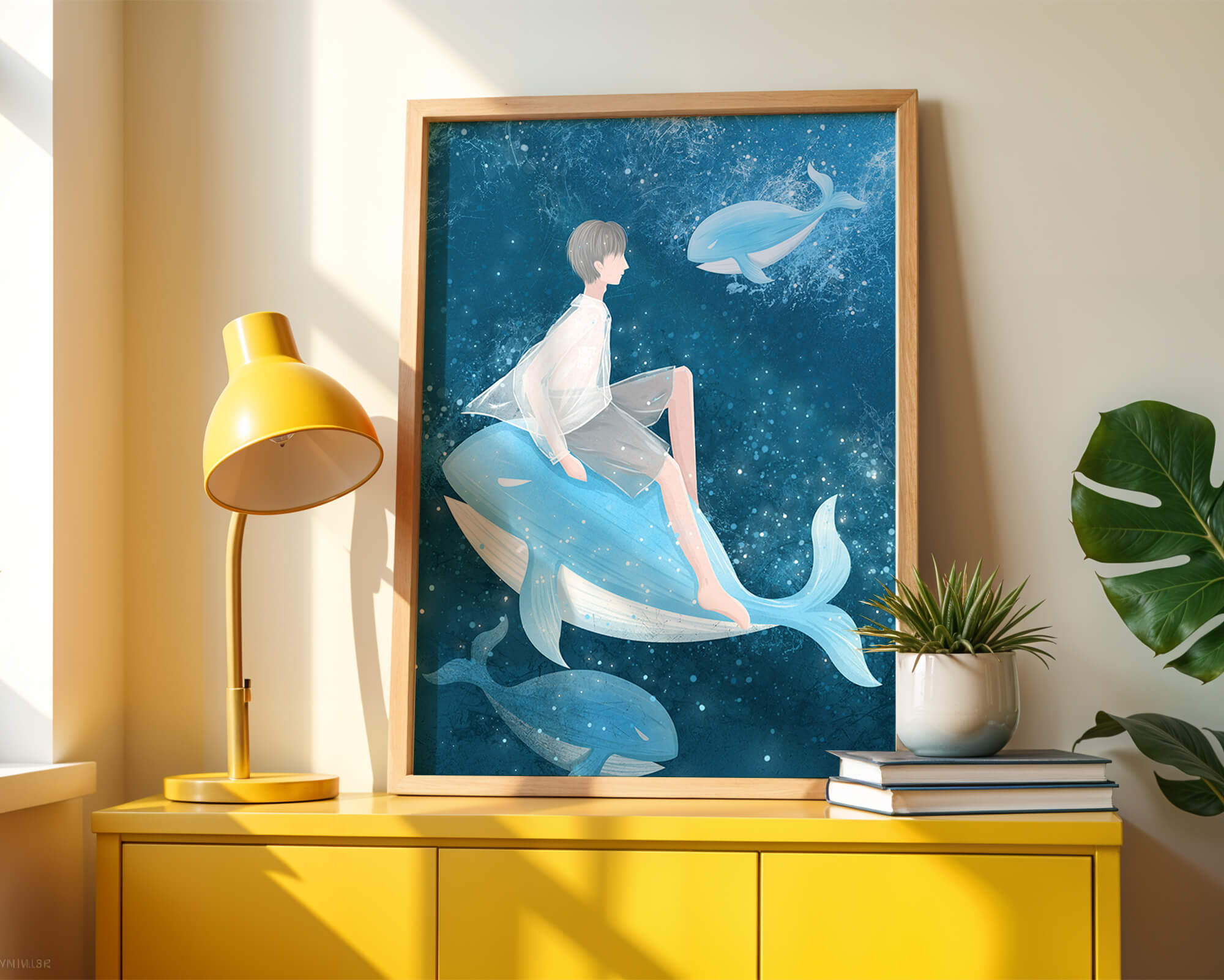 Fantasy illustration of person on blue whale in underwater scene