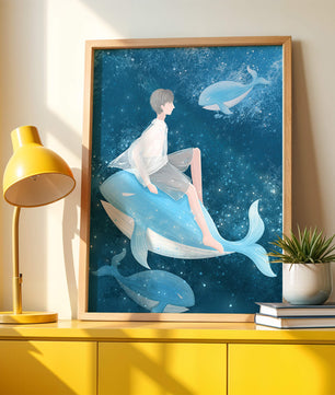 Illustration fantastique d'une personne sur une baleine bleue dans une scène sous-marine