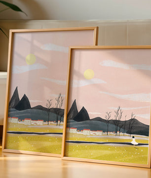 Serene landscape with mountains, village, and a girl under a pink sky
