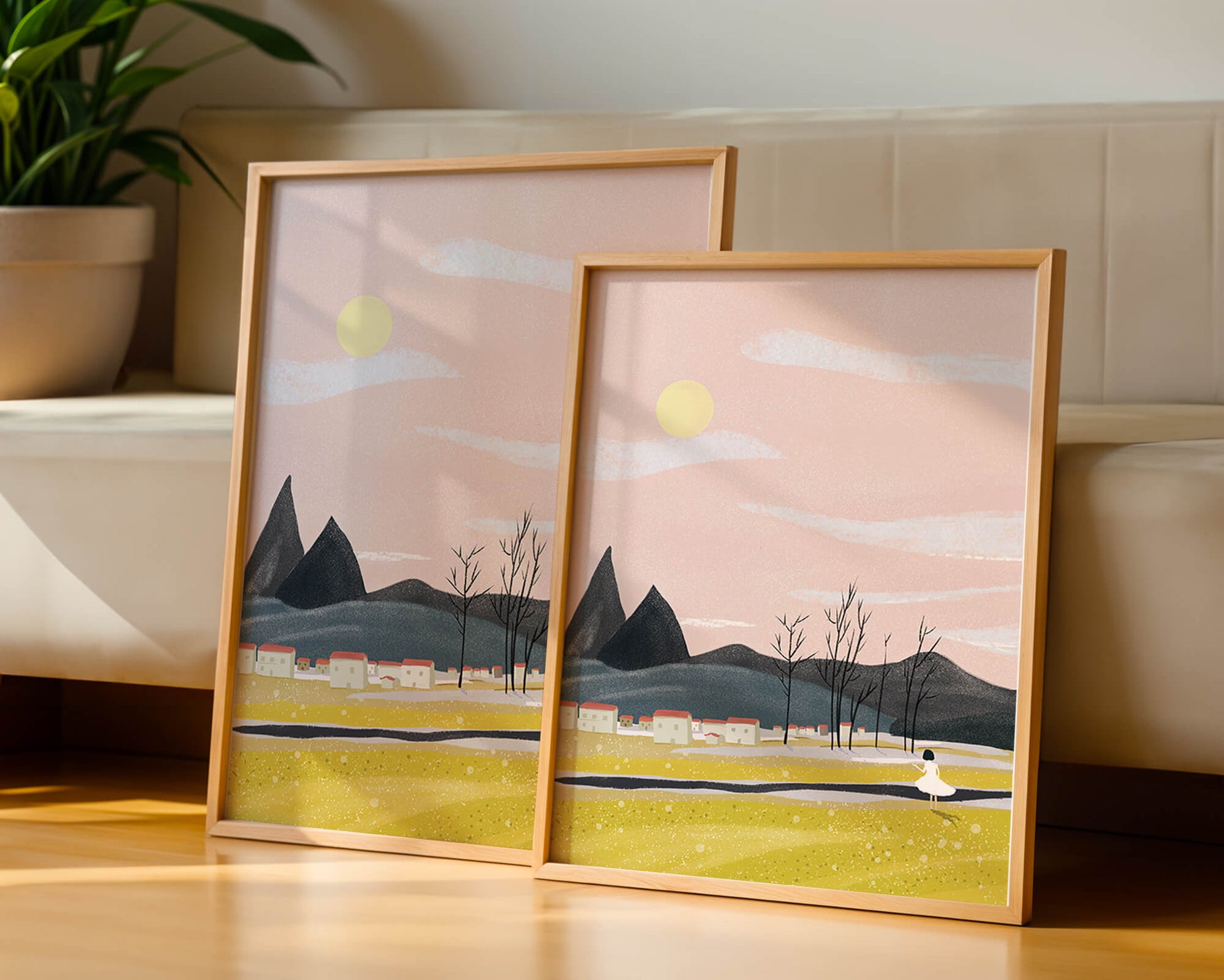 Serene landscape with mountains, village, and a girl under a pink sky