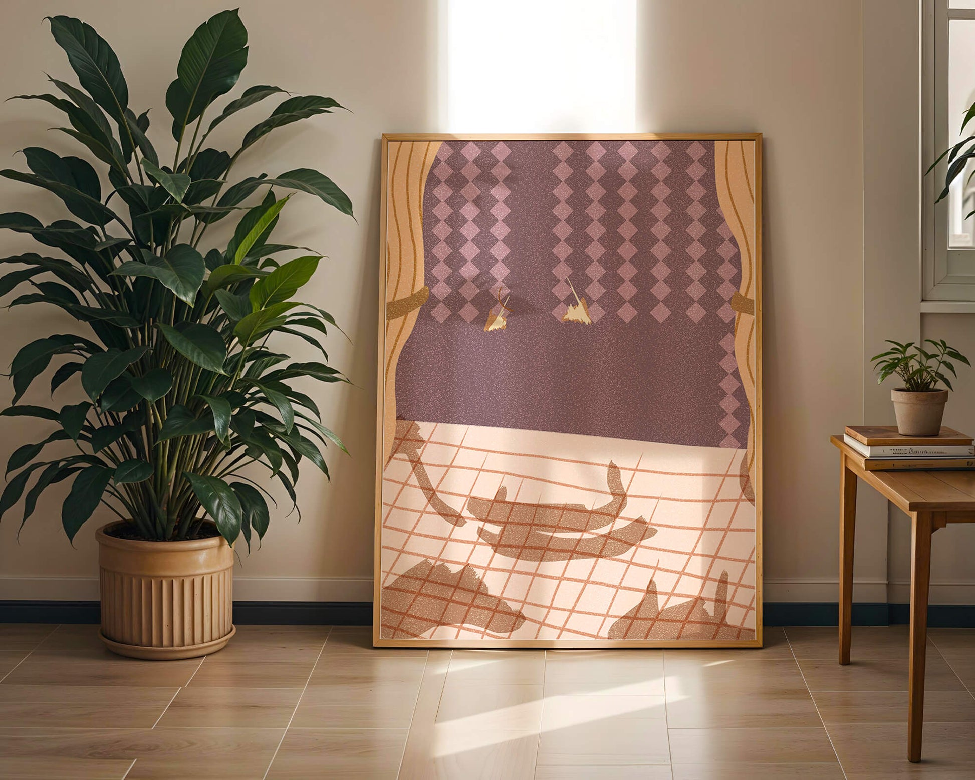 Abstract Interior with Cats' Shadows on Checkered Floor