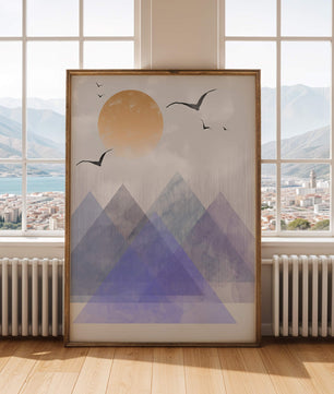Abstract Mountain Landscape with Geometric Elements and Soaring Birds