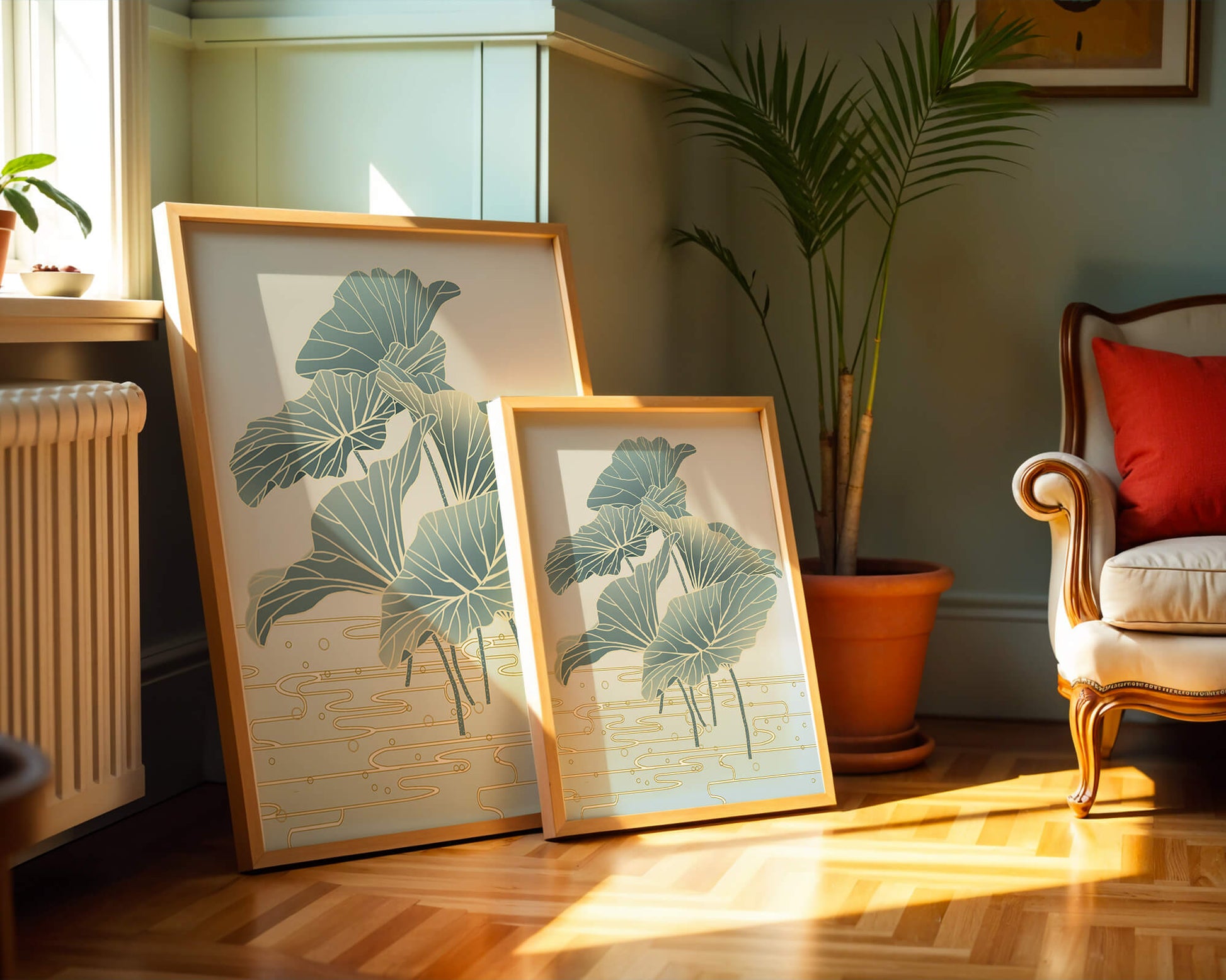 Elegant botanical illustration featuring large leaves with golden accents