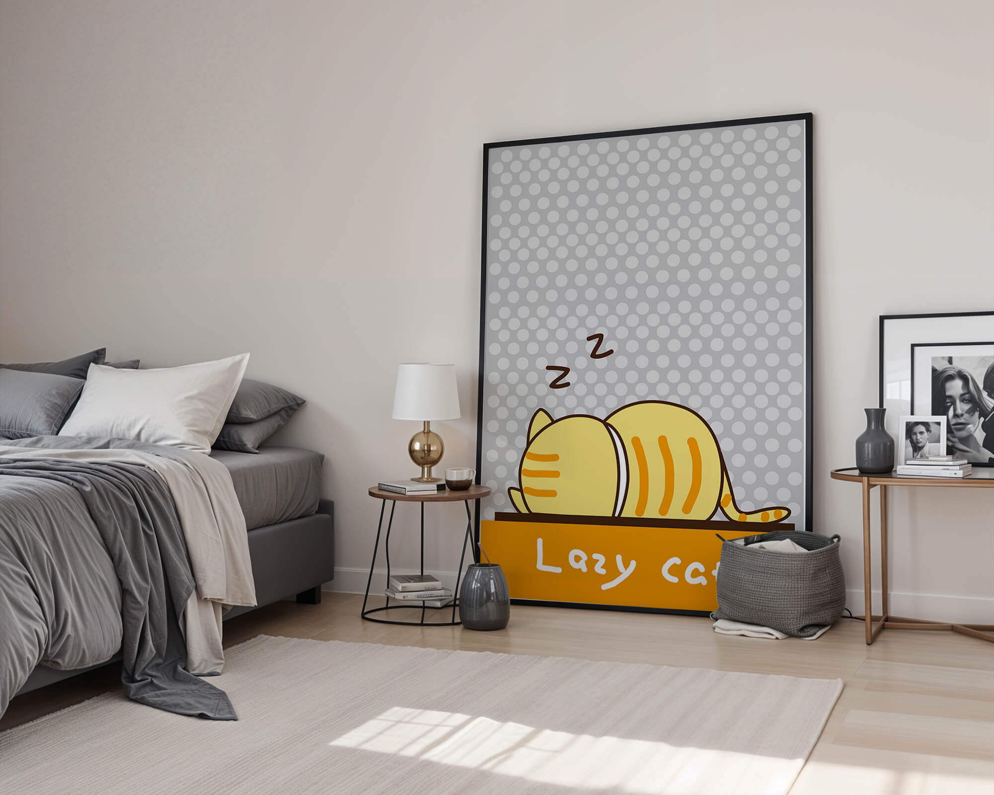Sleeping cartoon cat with polka dot background
