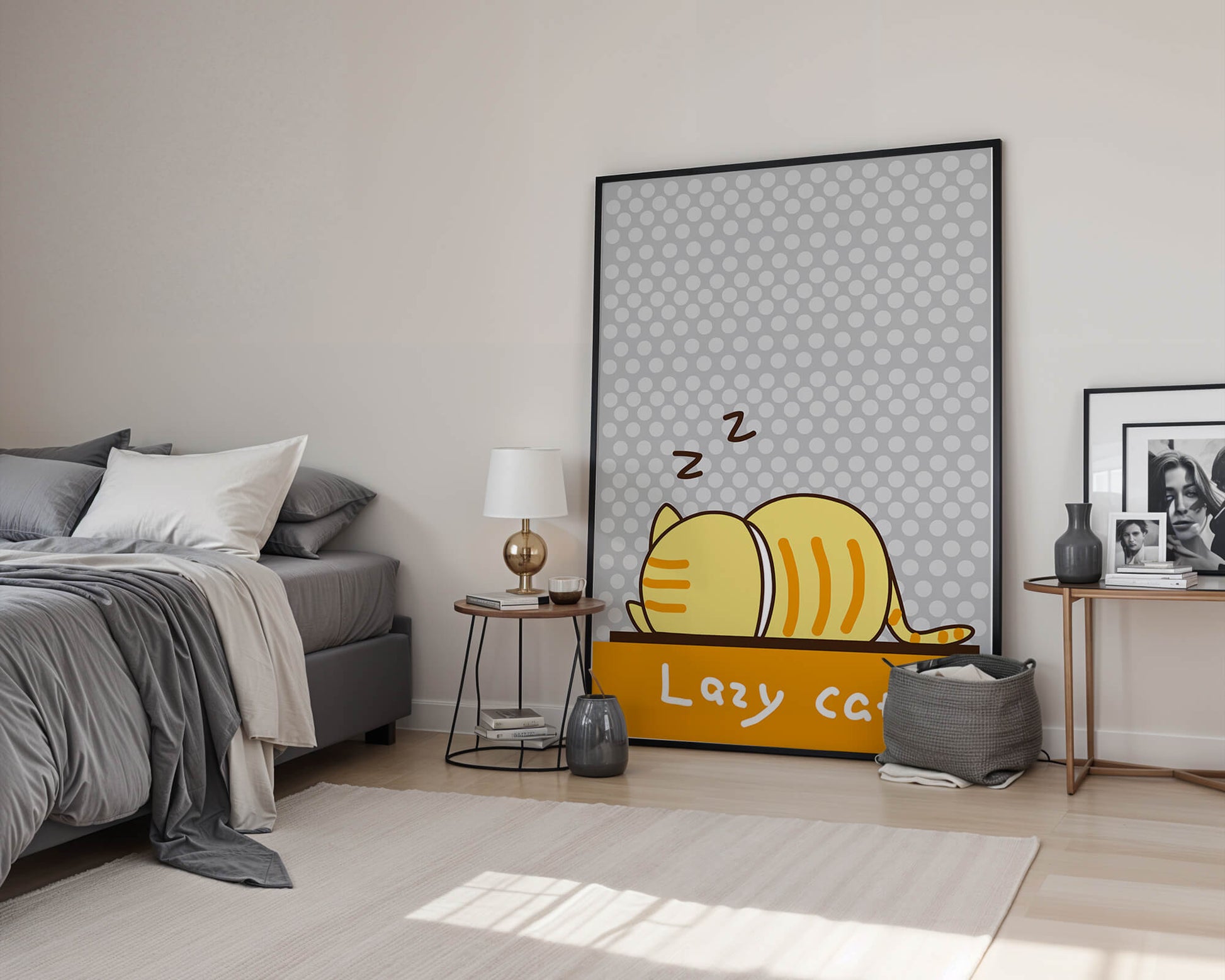 Sleeping cartoon cat with polka dot background