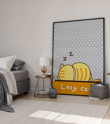 Sleeping cartoon cat with polka dot background