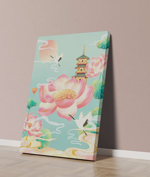 Paysage serein avec des fleurs de lotus et une pagode traditionnelle