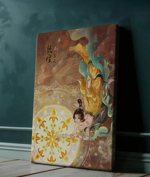 Figura celestial elegante con aura dorada y motivos florales